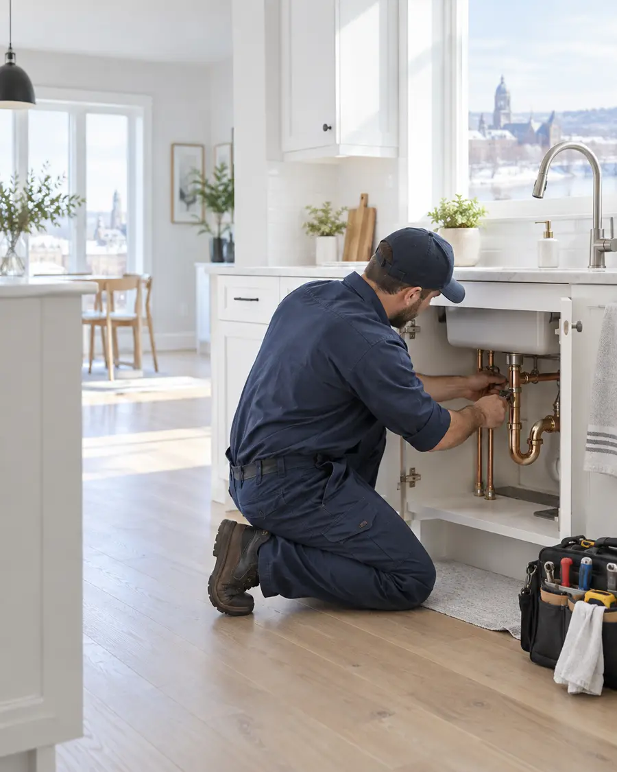 Plombier professionnel travaillant sous l’évier d’une cuisine lumineuse