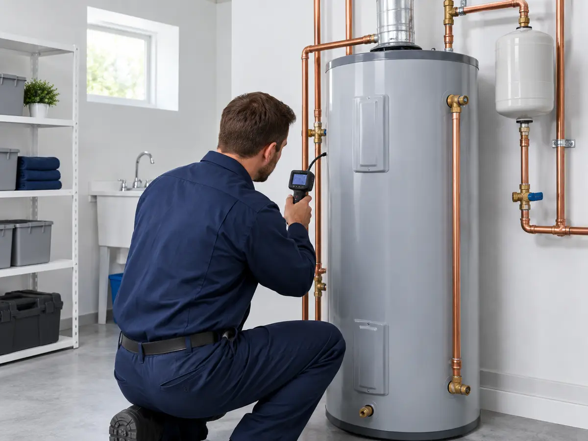 Technicien inspectant un chauffe-eau dans un espace propre et lumineux